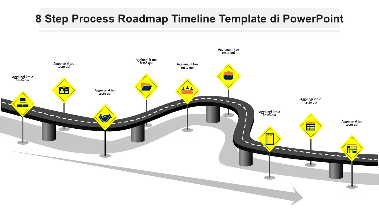 Modello Powerpoint con sequenza temporale della roadmap del processo in 8 fasi