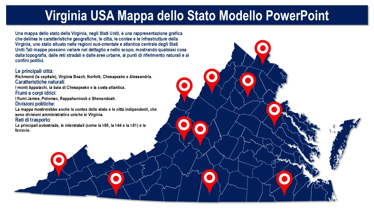 Modello PowerPoint per mappa dello stato degli Stati Uniti della Virginia per presentazioni aziendali