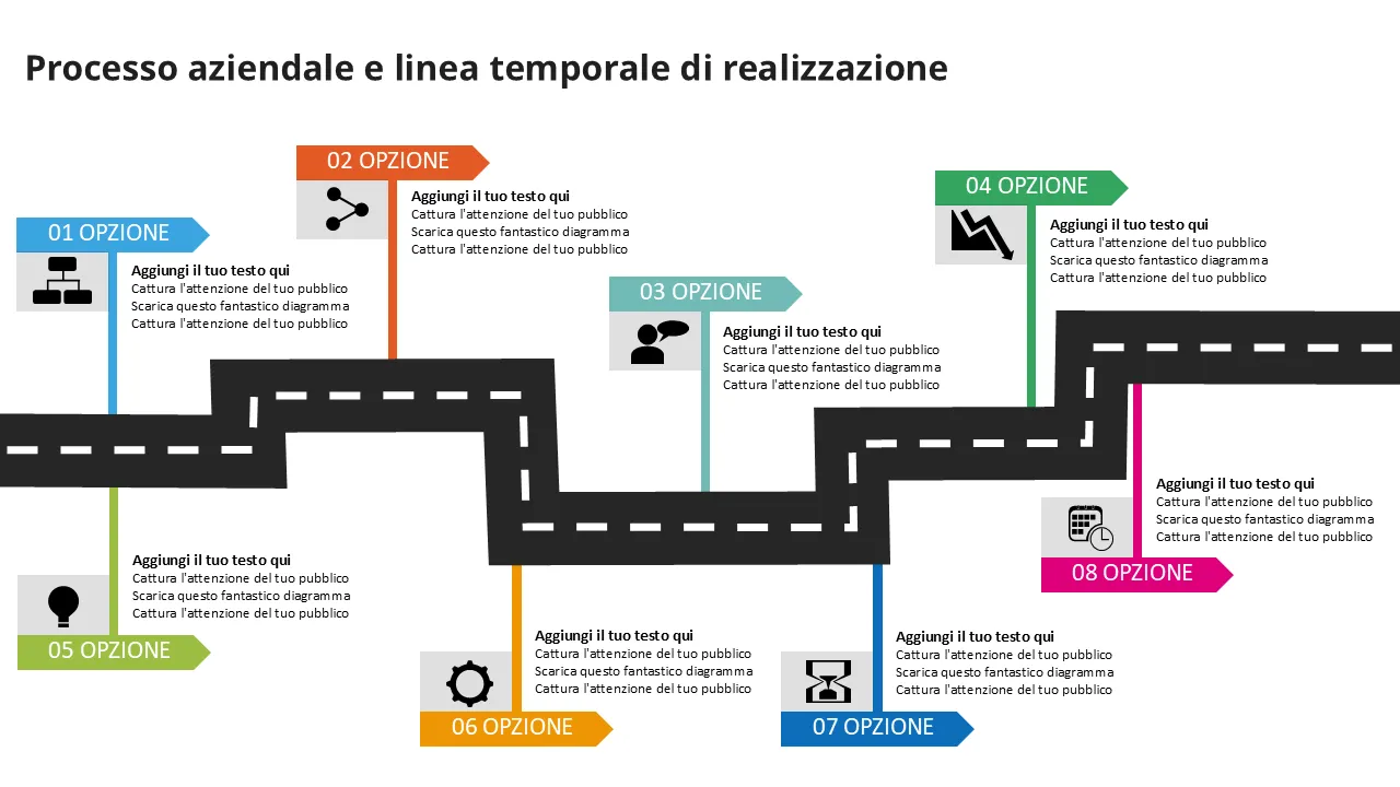 Roadmap Processo aziendale e realizzazione Timeline lineare Modello PowerPoint di design piatto PowerPoint per presentazioni professionali